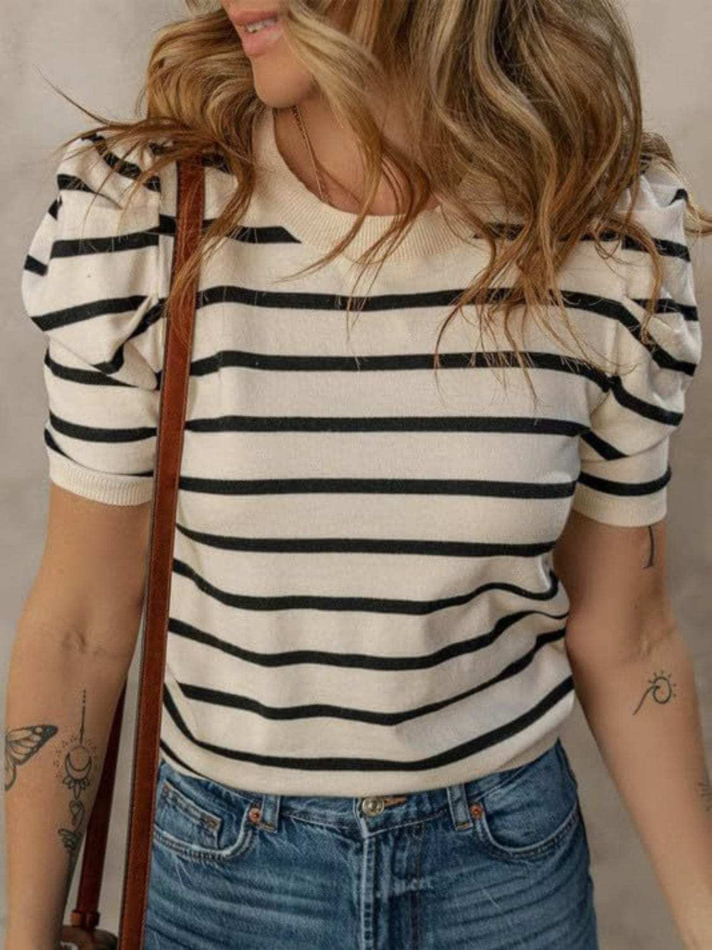 Striped Round Neck Puff Sleeve Knit Top - Trendsi - Flyclothing LLC