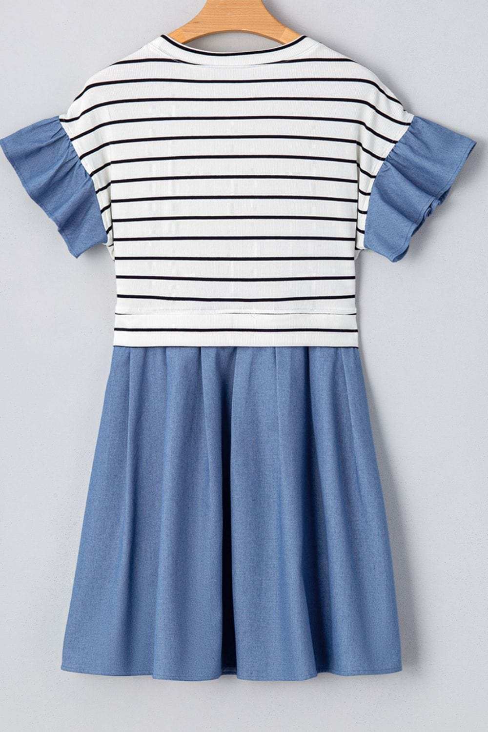 Stripe Ruffle Denim Patchwork Round Neck Mini Dress - Trendsi - Flyclothing LLC