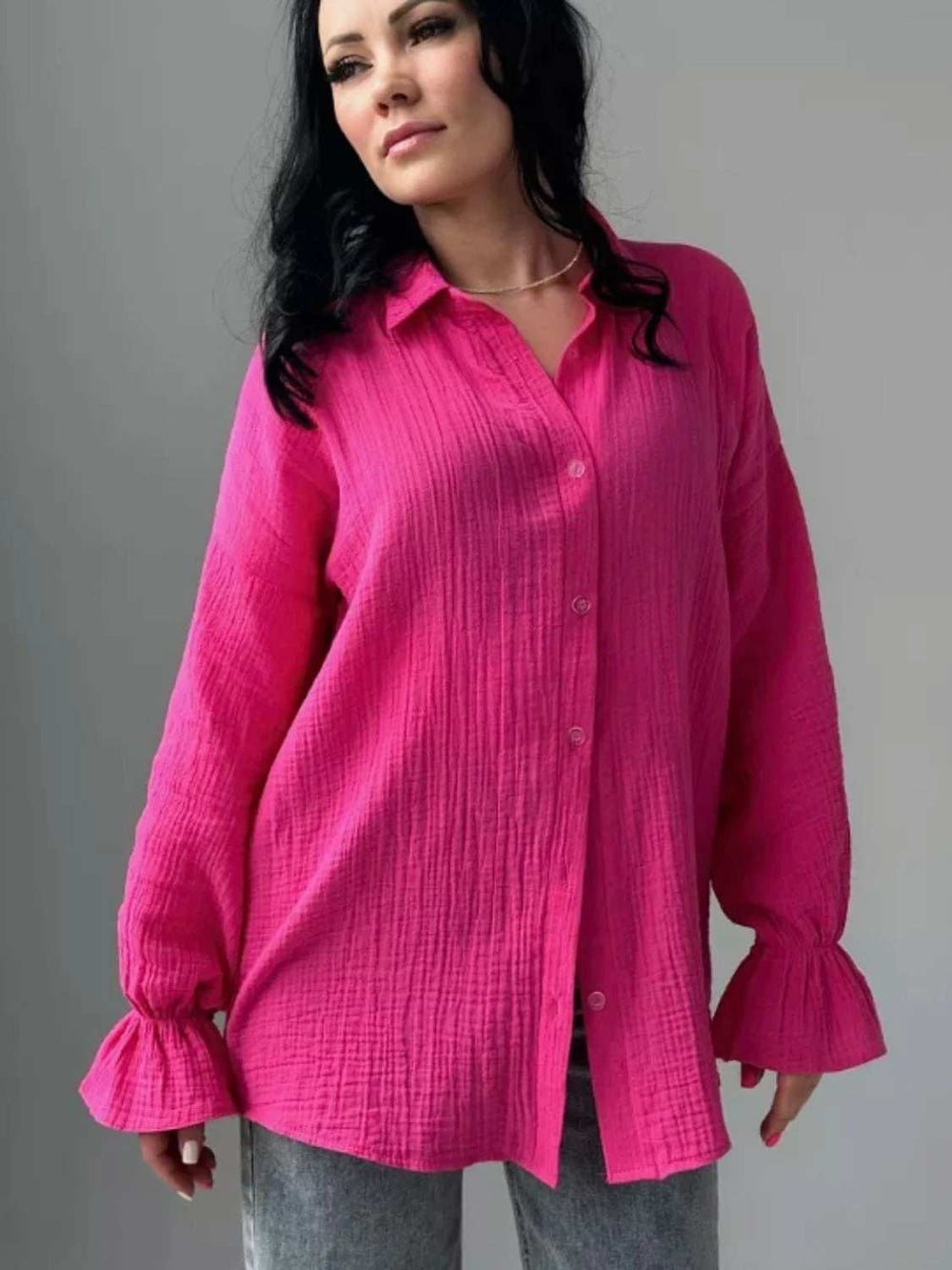 Textured Collared Neck Flounce Sleeve Shirt - Trendsi - Flyclothing LLC