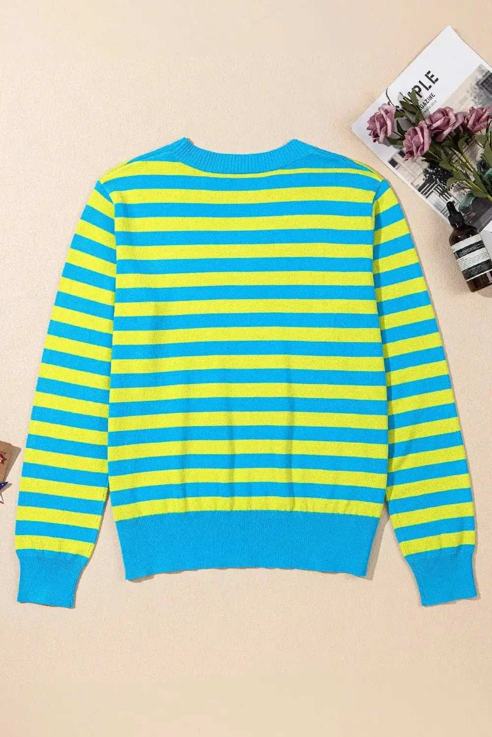Striped Round Neck Long Sleeve Sweater - Trendsi - Flyclothing LLC