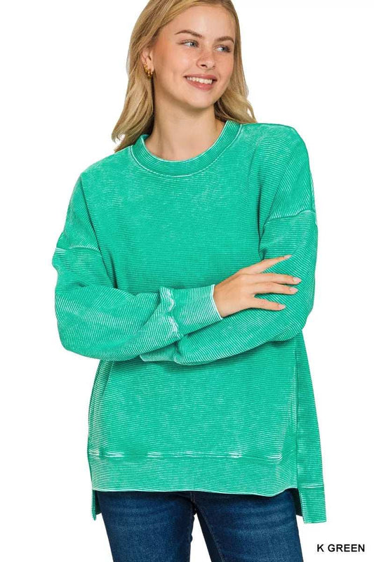Zenana Full Size Acid Washed Double Ribbed Hi-low Sweatshirt Plus Size - Trendsi - Flyclothing LLC
