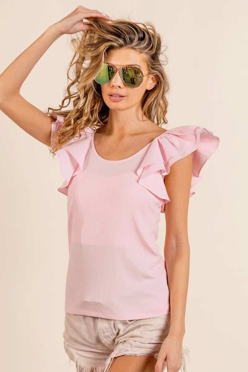 BiBi Wide Layered Ruffle Sleeve Scoop Neck Ribbed Top - Trendsi - Flyclothing LLC