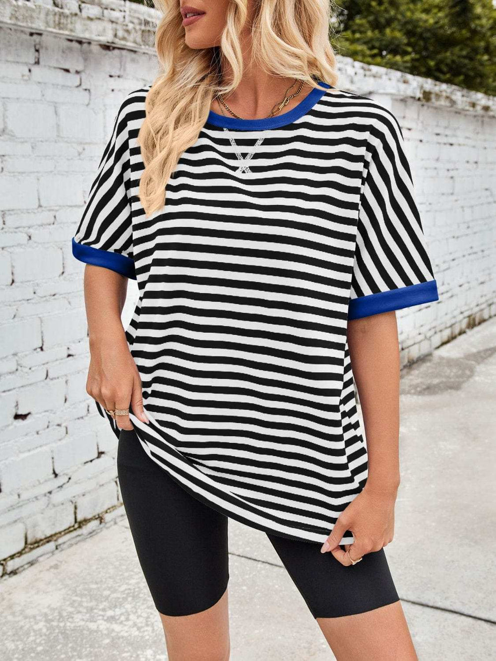 Lovelet Striped Round Neck Half Sleeve T-Shirt - Trendsi - Flyclothing LLC