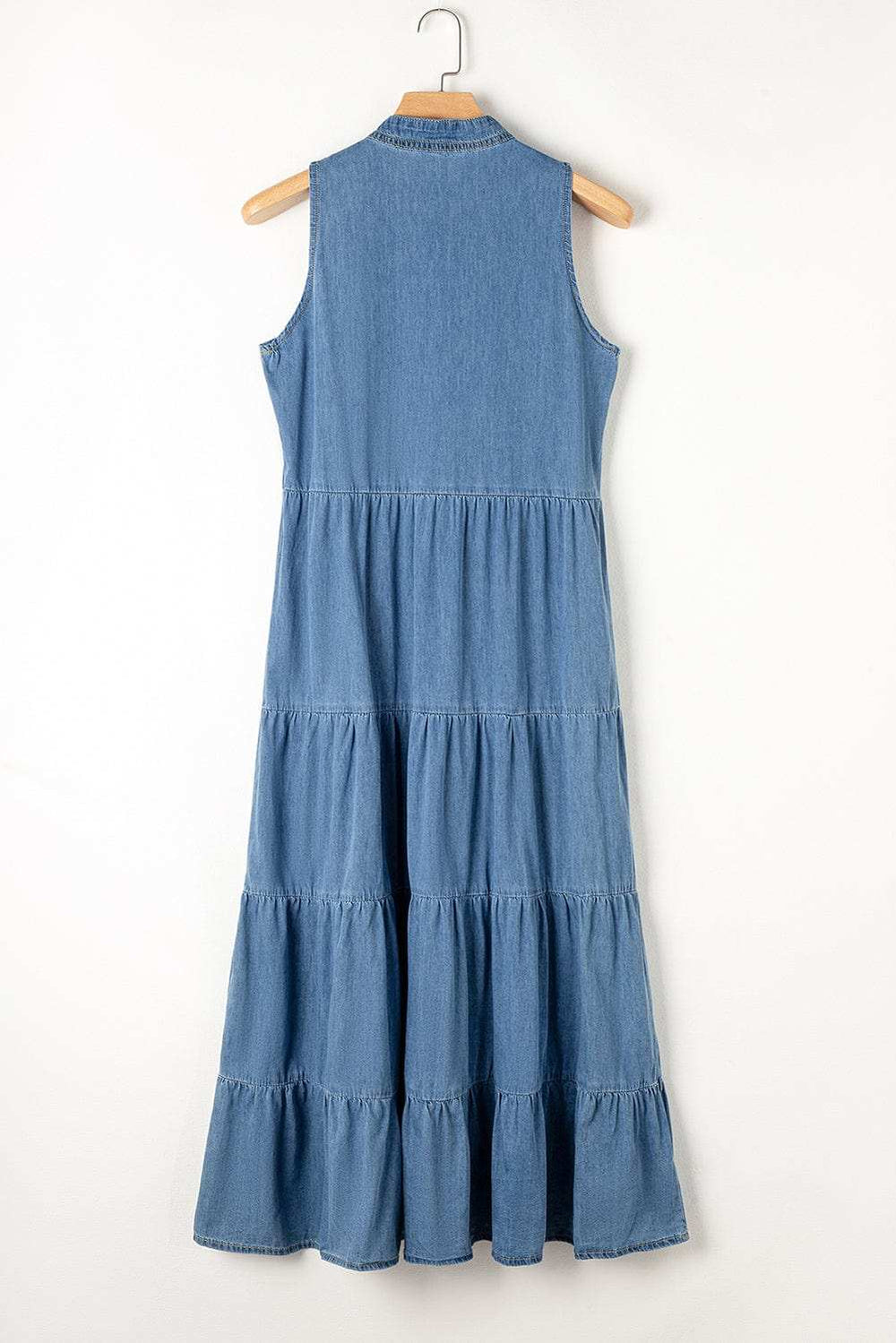 Tie Neck Tiered Maxi Denim Dress - Trendsi - Flyclothing LLC