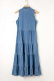 Tie Neck Tiered Maxi Denim Dress - Trendsi - Flyclothing LLC