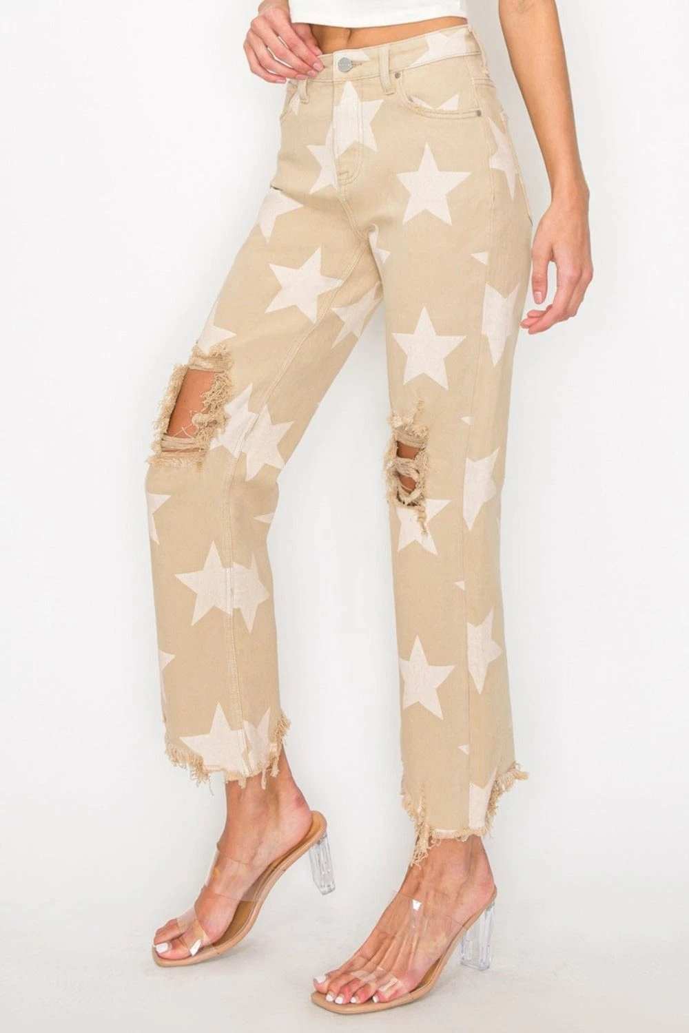 RISEN Full Size High Rise Star Printed Frayed Hem Jeans - Trendsi - Flyclothing LLC