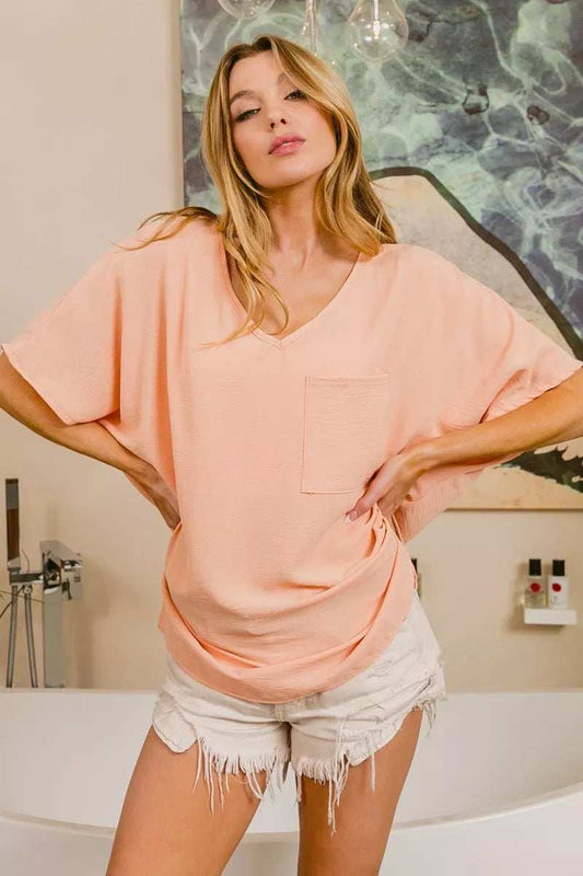 BiBi Woven V Neck Hi-low Boxy Top With Front Pocket - Trendsi - Flyclothing LLC