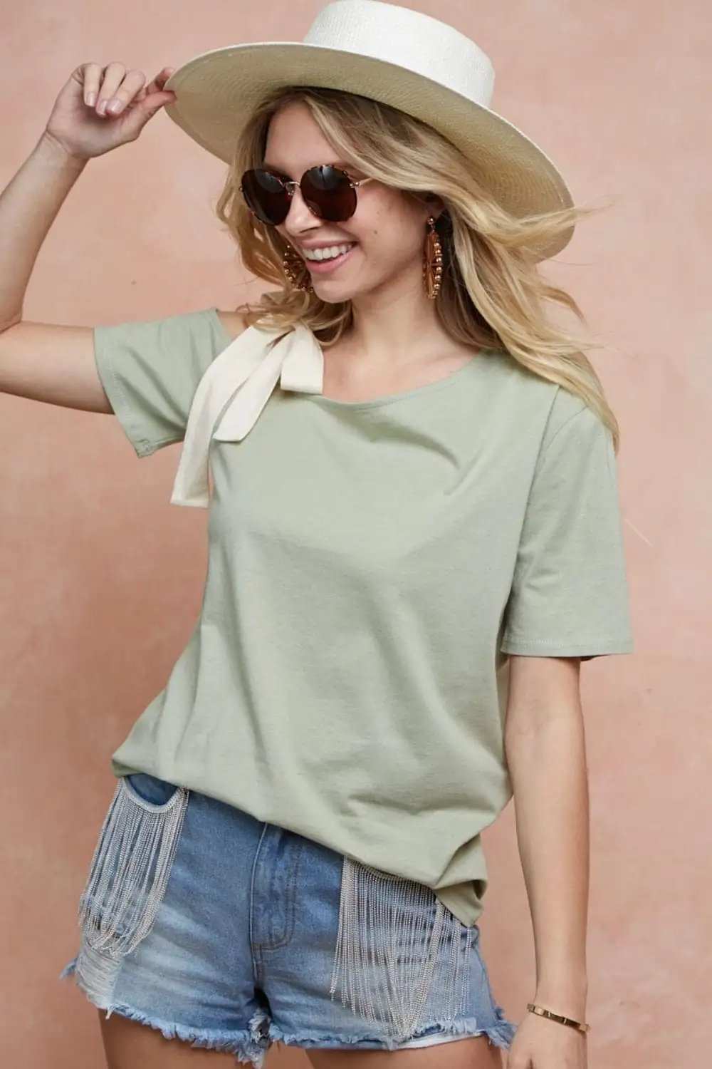 BiBi Tied Ribbon One Shoulder Short Sleeve T-Shirt - Trendsi - Flyclothing LLC