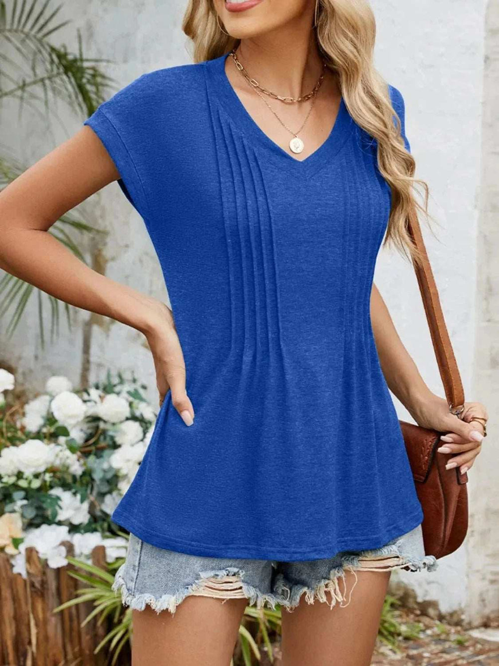 Casual V-Neck Pleated Front T-Shirt - Trendsi - Flyclothing LLC