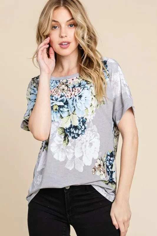 BOMBOM Floral Round Neck Short Sleeve T-Shirt - Trendsi - Flyclothing LLC