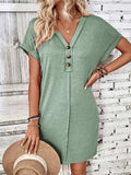 Quarter Button V-Neck Short Sleeve Dress - Trendsi - Flyclothing LLC
