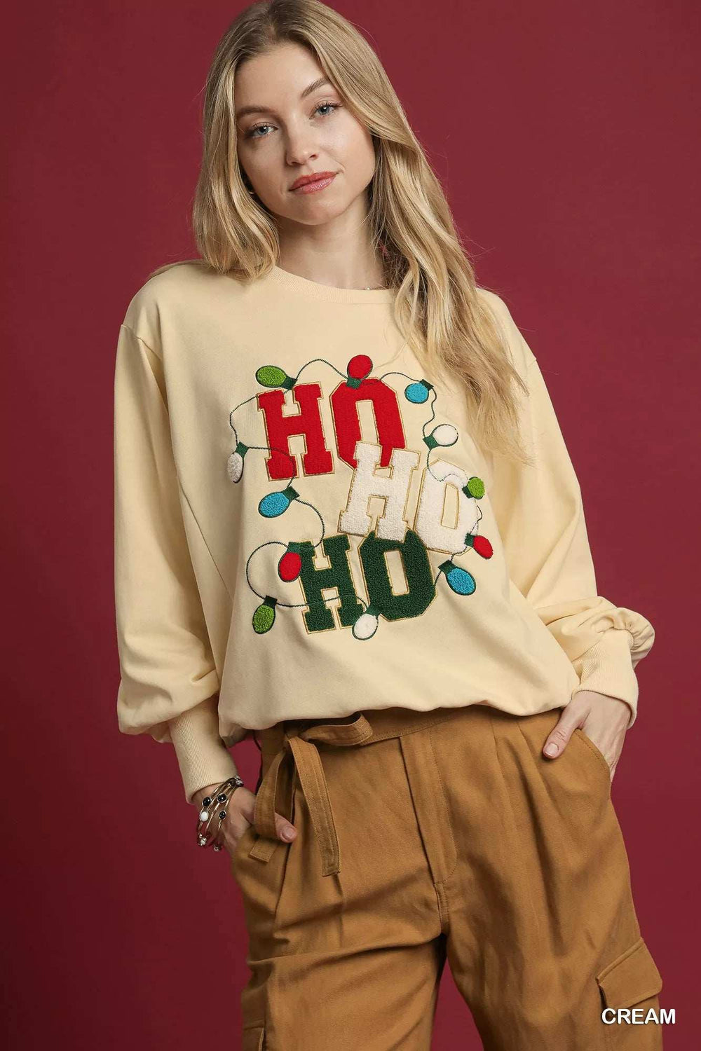 Umgee HO Applique French Terry Sweatshirt - Trendsi - Flyclothing LLC