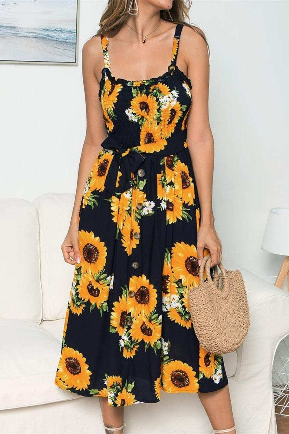 Smocked Sunflower Printed Sleeveless Cami Dress - Trendsi - Flyclothing LLC