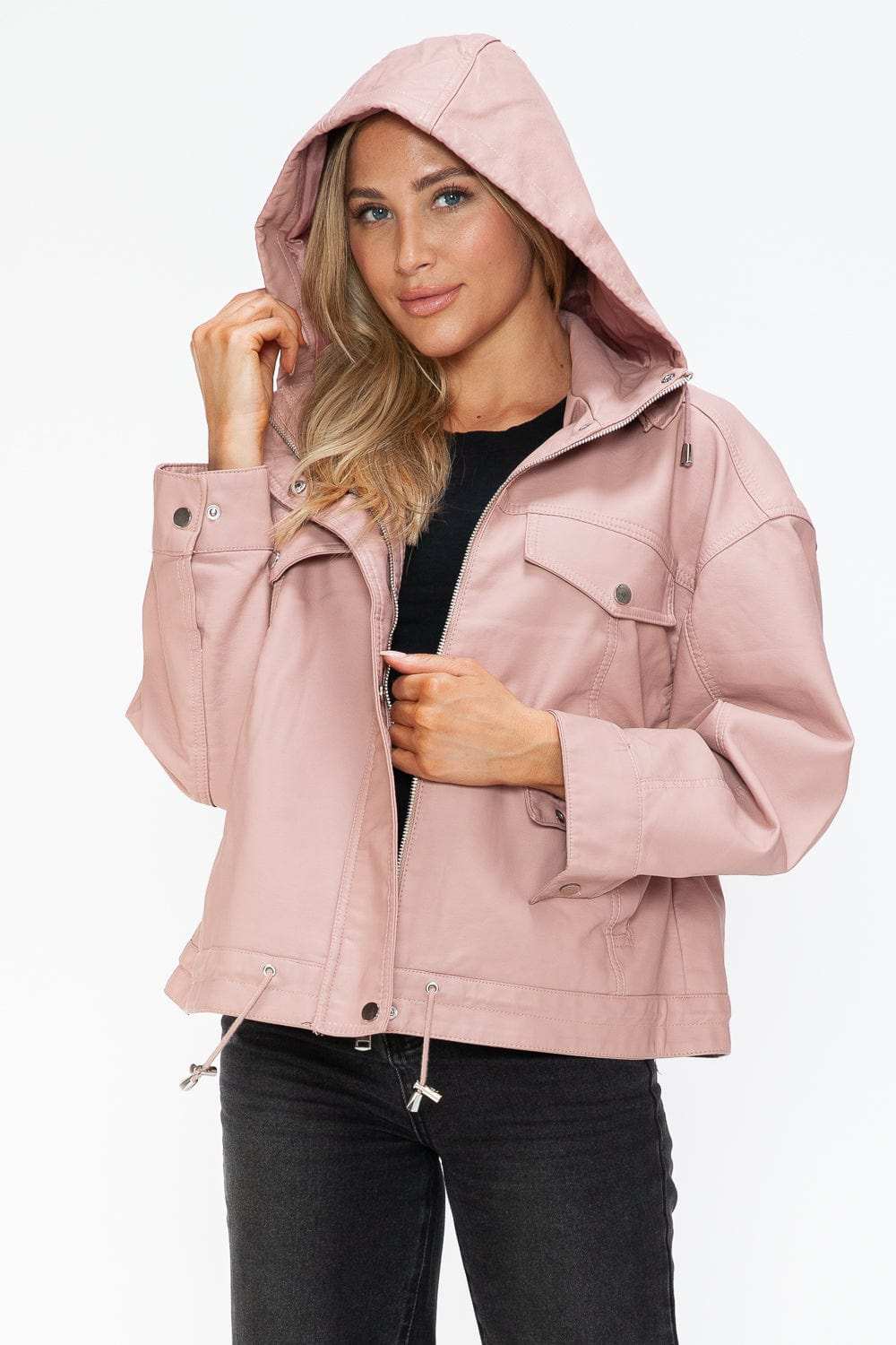 How Dare U Drawstring Hem PU Leather Zip Up Jacket - Trendsi - Flyclothing LLC