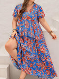 Plus Size Ruffled Printed V-Neck Short Sleeve Maxi Dress - Trendsi - Flyclothing LLC