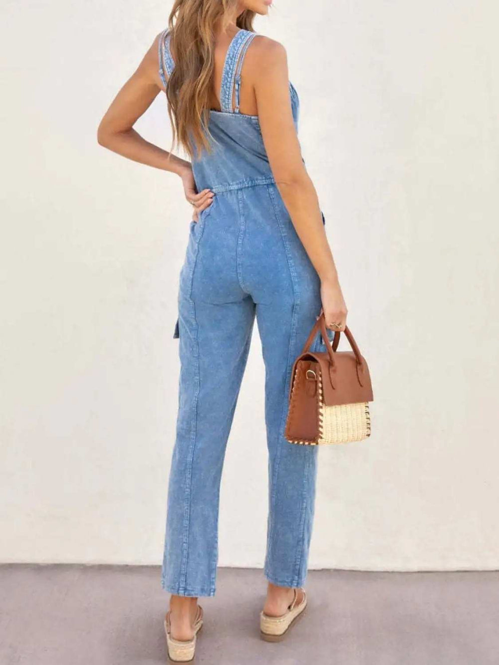 V-Neck Sleeveless Denim Jumpsuit - Trendsi - Flyclothing LLC