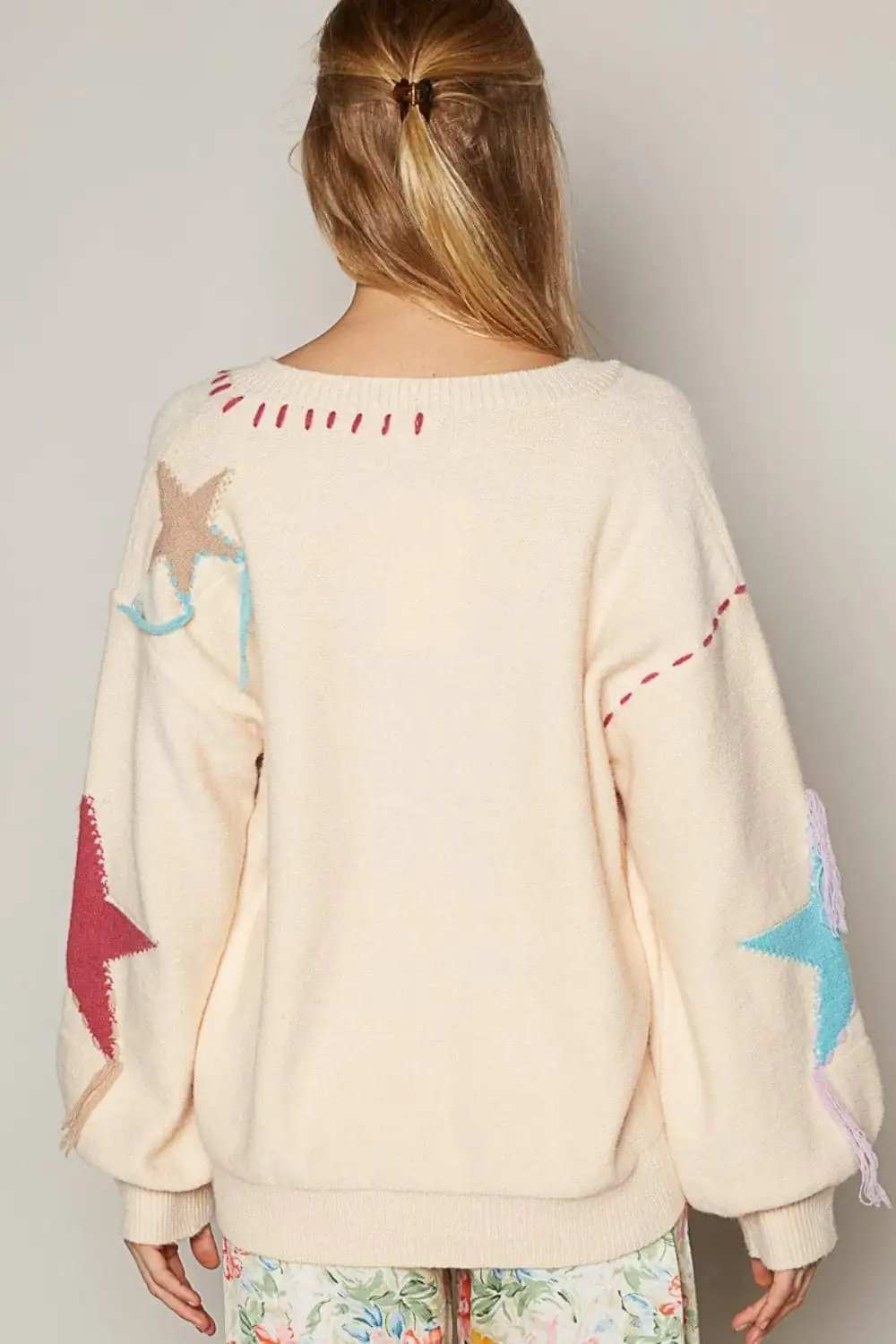 POL V-Neck Long Sleeve Star Fringe Sweater - Trendsi - Flyclothing LLC