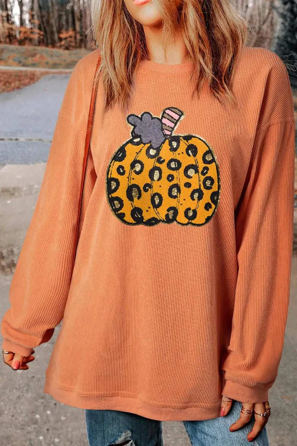 Pumpkin Round Neck Long Sleeve Sweatshirt - Trendsi - Flyclothing LLC