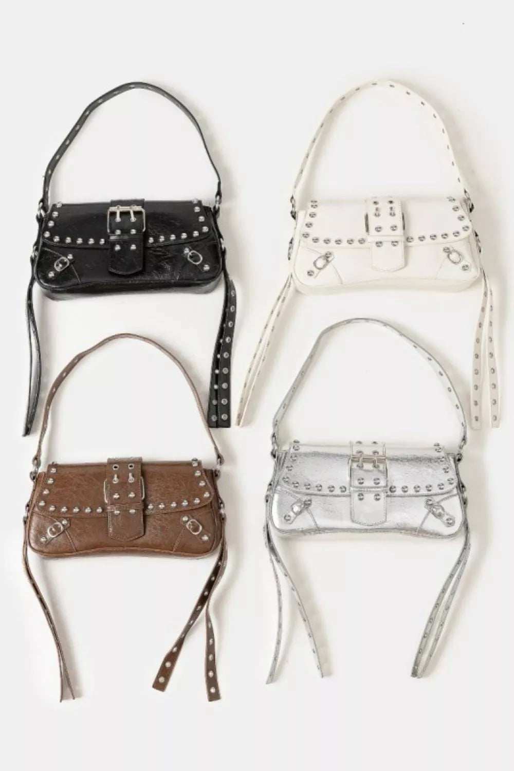 Fame Glossy Faux Leather Rivet Trim Shoulder Bag - Trendsi - Flyclothing LLC