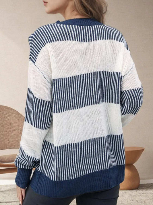Striped Round Neck Long Sleeve Sweater - Trendsi - Flyclothing LLC
