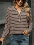 Striped Notched Long Sleeve T-Shirt - Trendsi - Flyclothing LLC