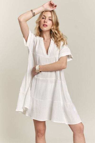 ADORA Tiered Notched Short Sleeve Dress - Trendsi - Flyclothing LLC