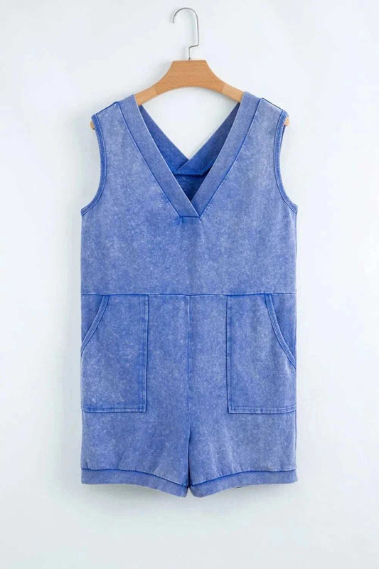 Mineral Wash Pocketed Sleeveless V Neck Loose Romper - Trendsi - Flyclothing LLC