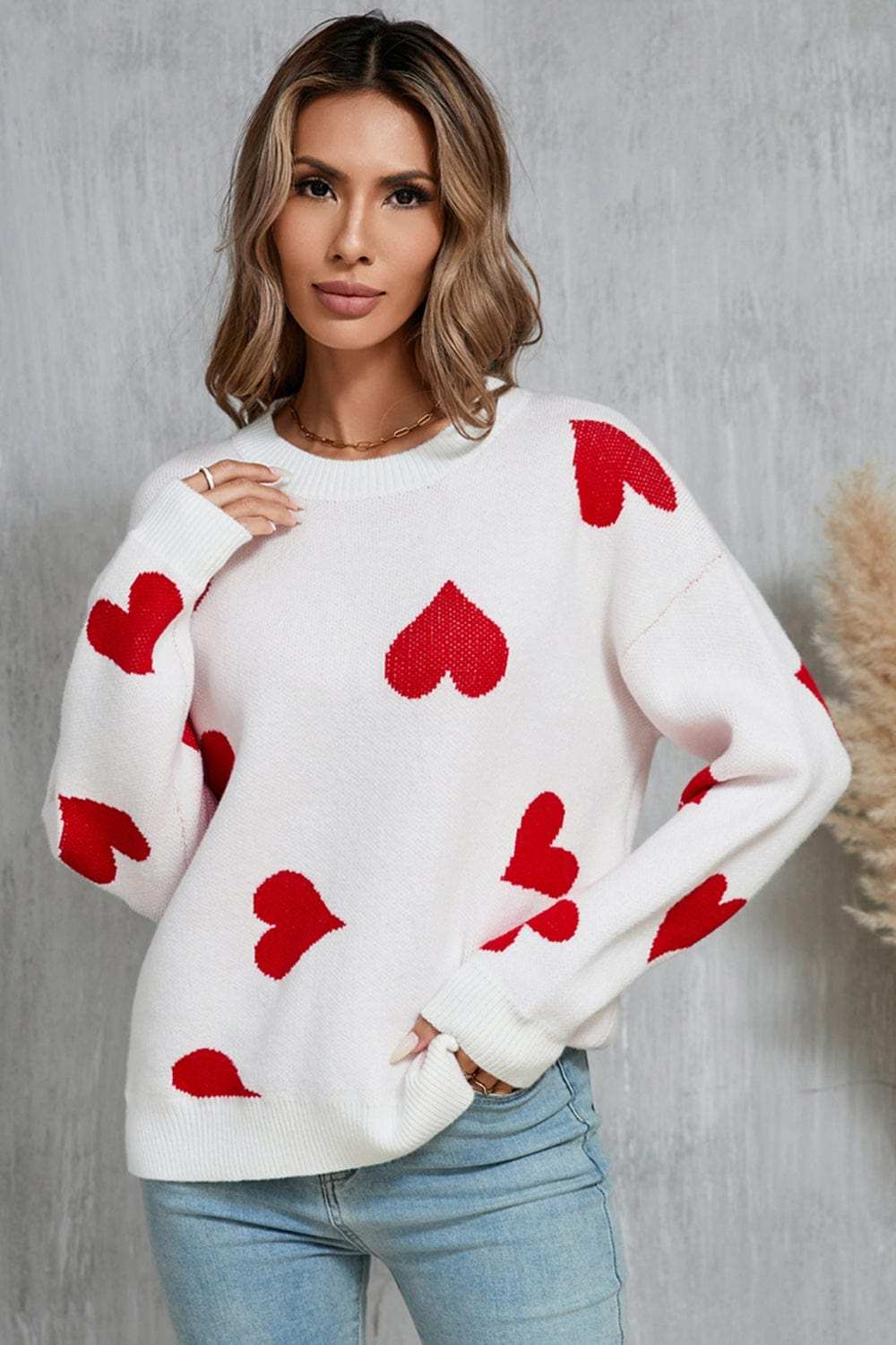 Angel Wings Heart Round Neck Dropped Shoulder Sweater - Trendsi - Flyclothing LLC