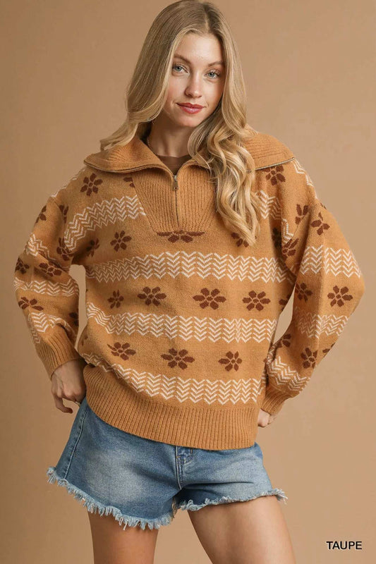Umgee Floral Patterned Jacquard Quarter-Zip Pullover Sweater - Trendsi - Flyclothing LLC