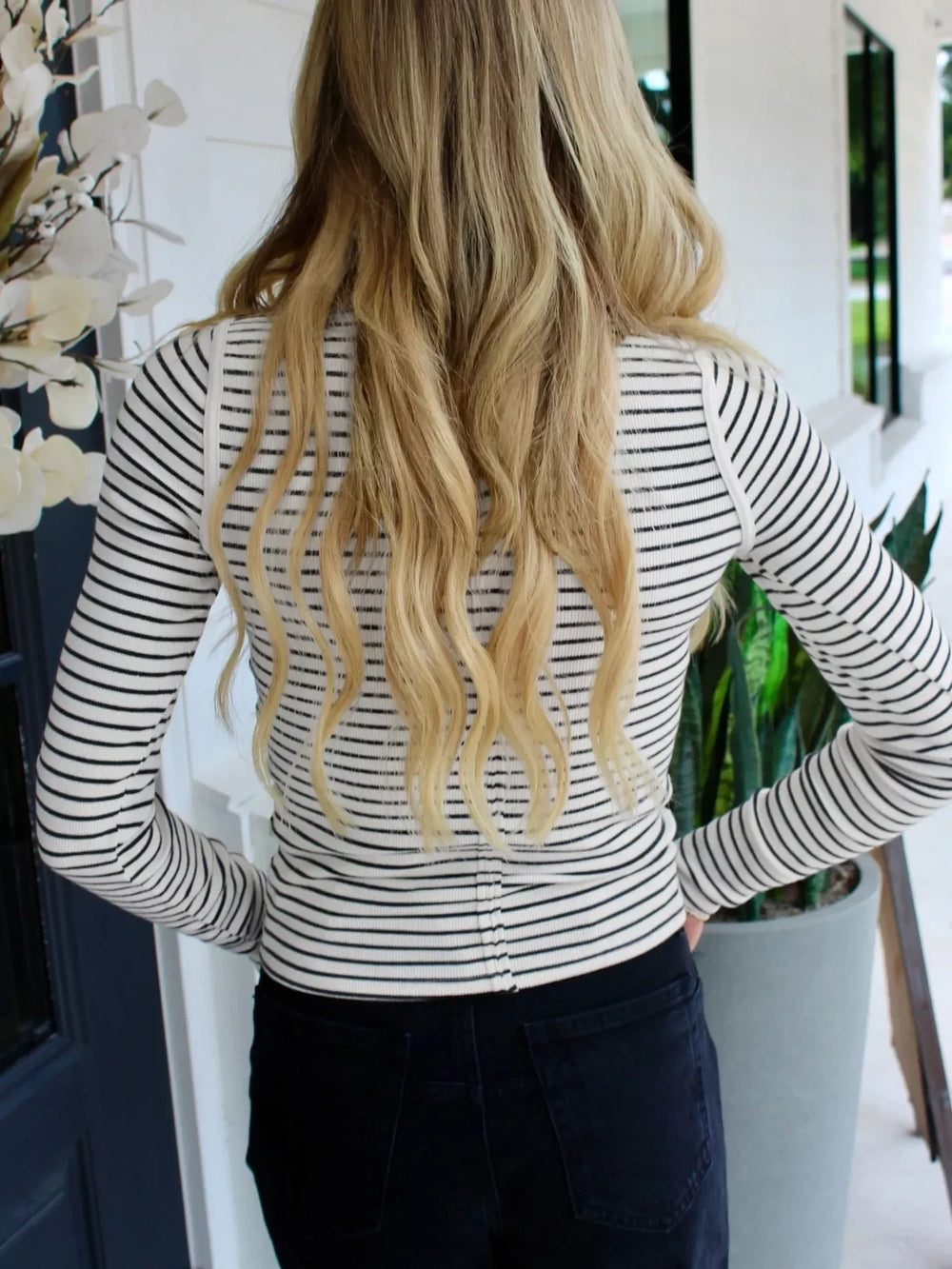 Striped Button Detail Long Sleeve Top - Trendsi - Flyclothing LLC