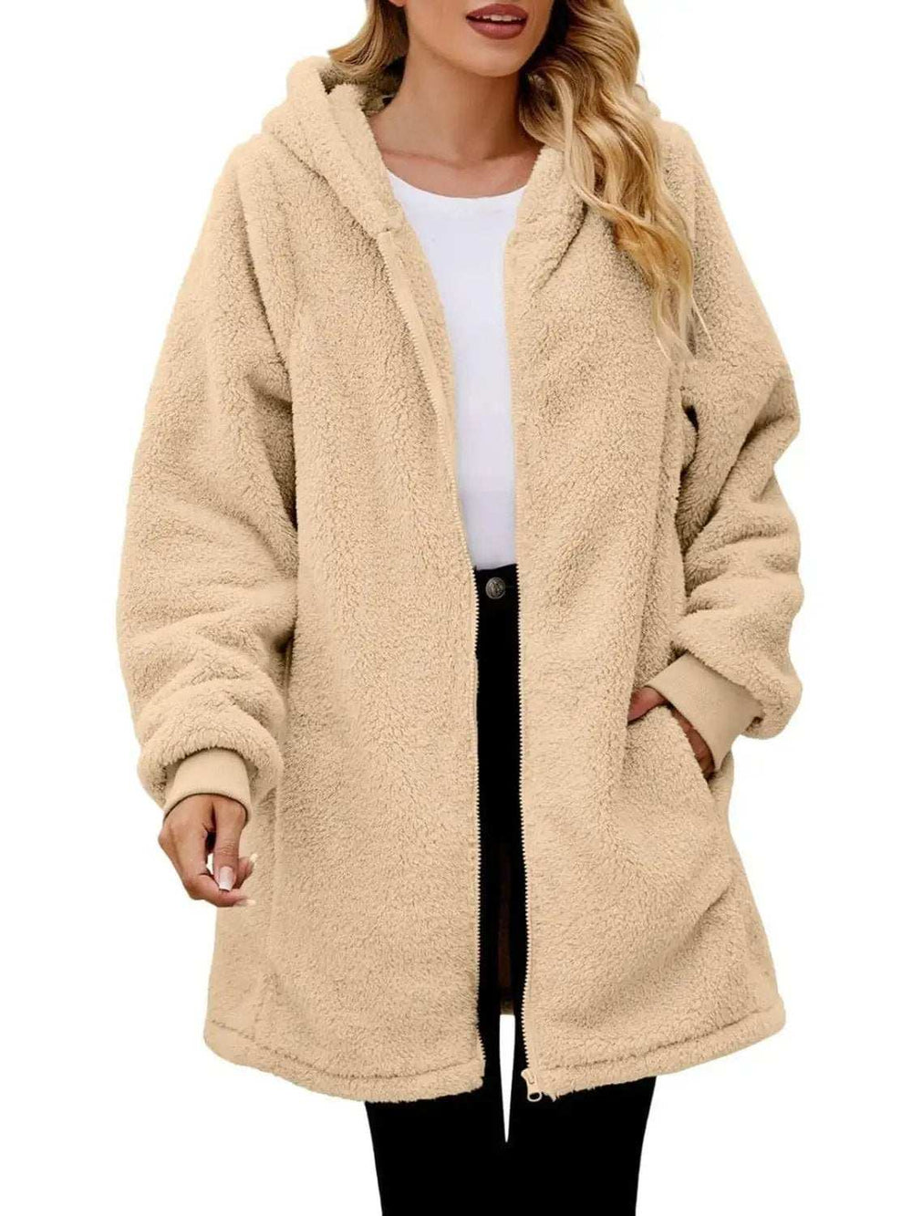 Fuzzy Pocketed Zip Up Long Sleeve Hooded Jacket - Trendsi - Flyclothing LLC