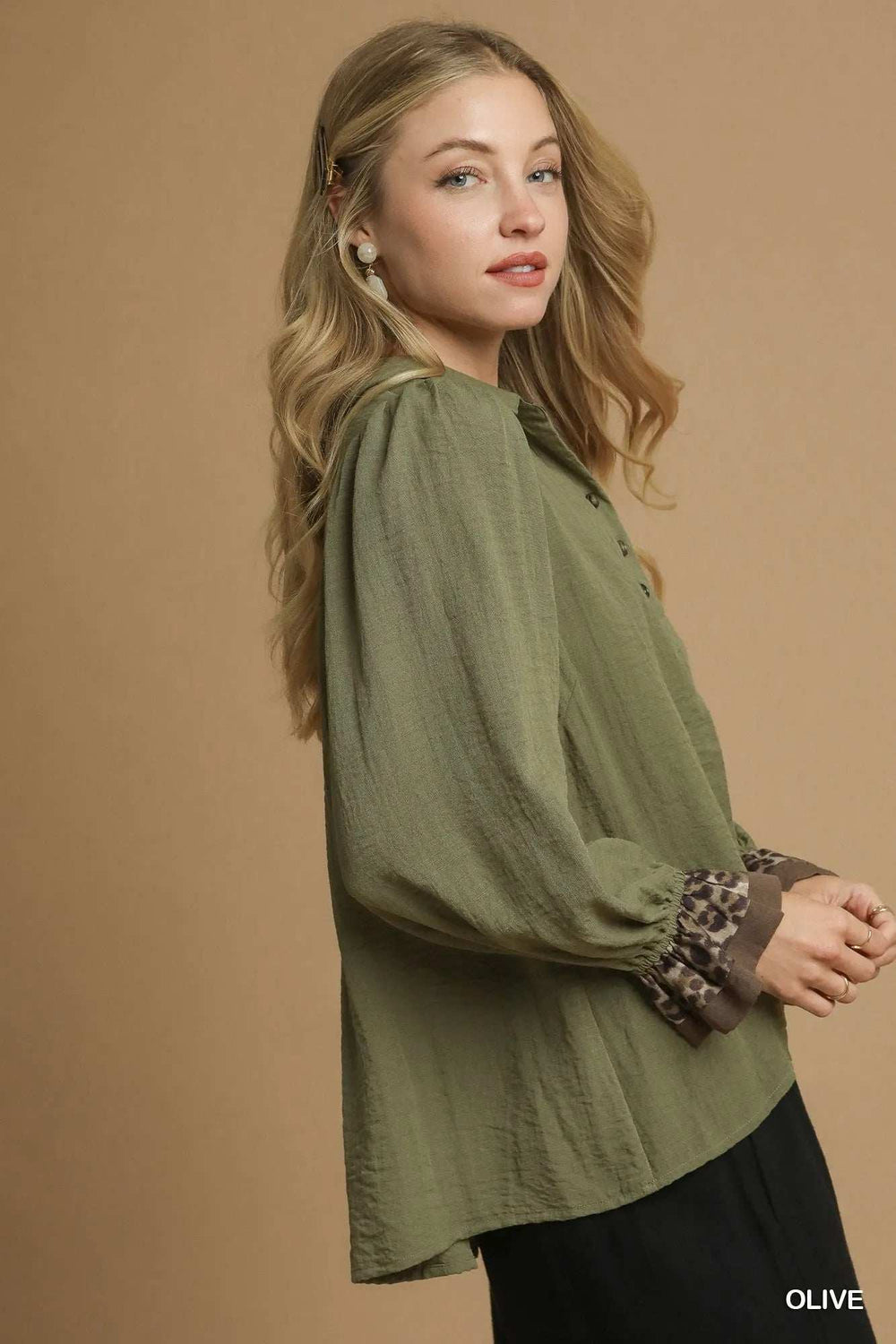 Umgee Half Button Blouse with Leopard Print Trim - Trendsi - Flyclothing LLC