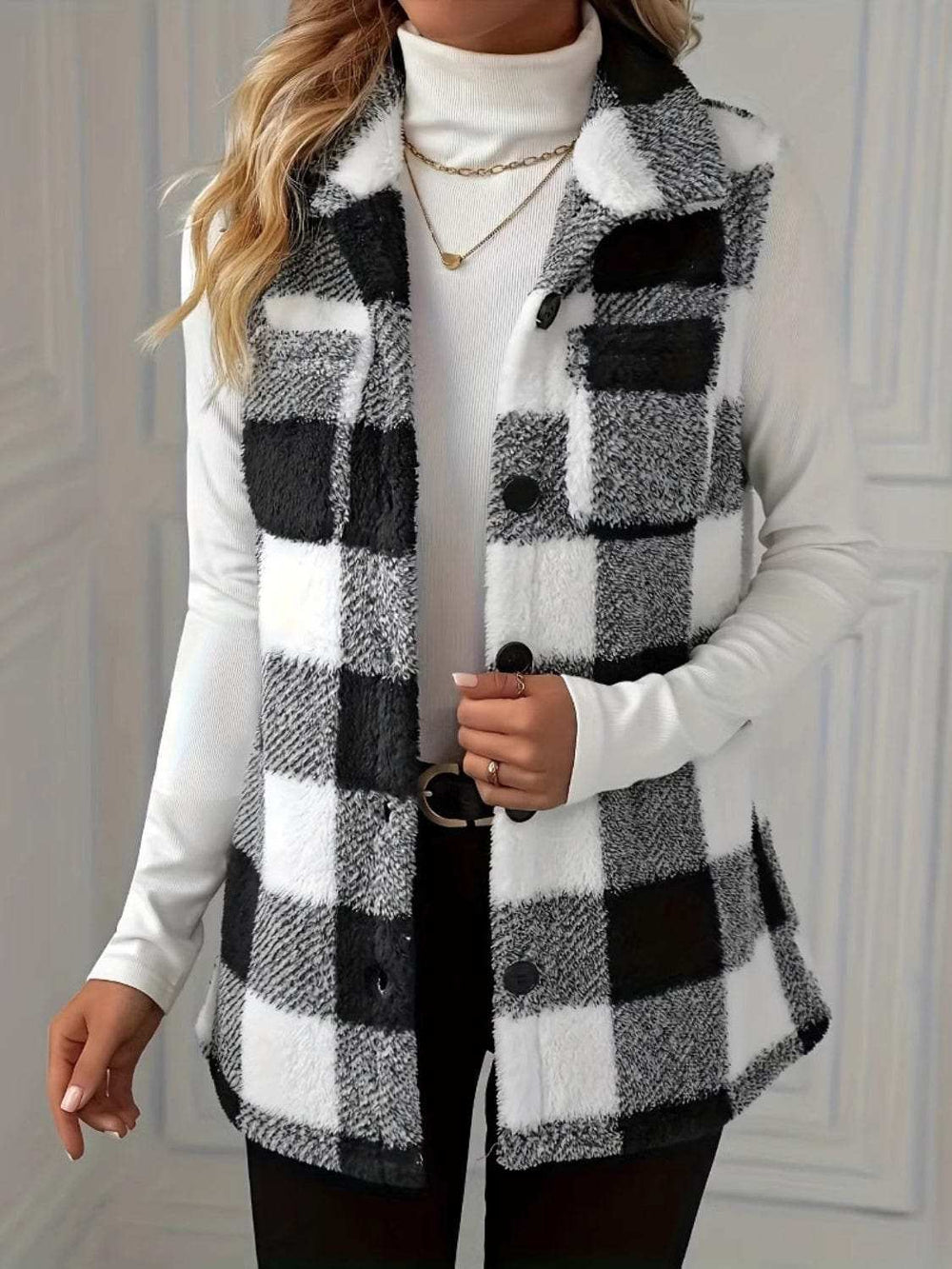 Plaid Button Up Vest Coat - Trendsi - Flyclothing LLC