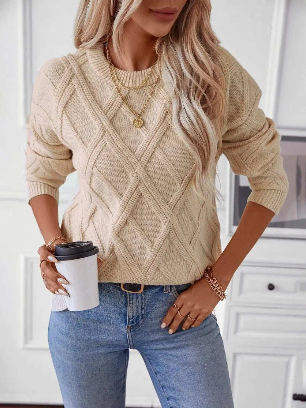 Geometric Round Neck Long Sleeve Sweater - Trendsi - Flyclothing LLC