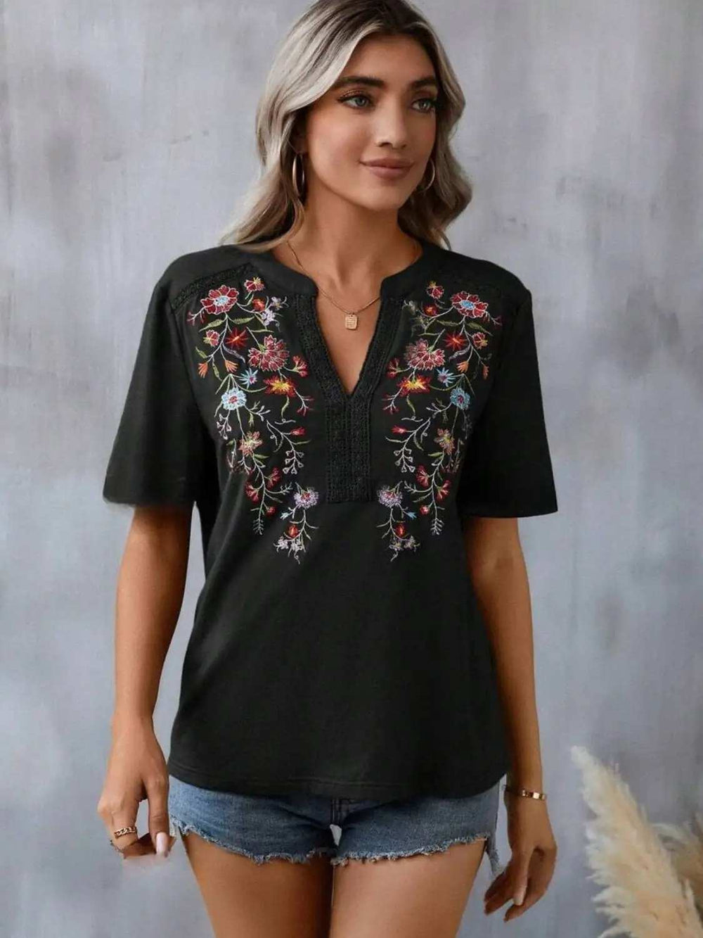 Embroidered Notched Short Sleeve T-Shirt - Trendsi - Flyclothing LLC