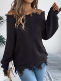 Distressed Hem Openwork Off-Shoulder Sweater - Trendsi - Flyclothing LLC