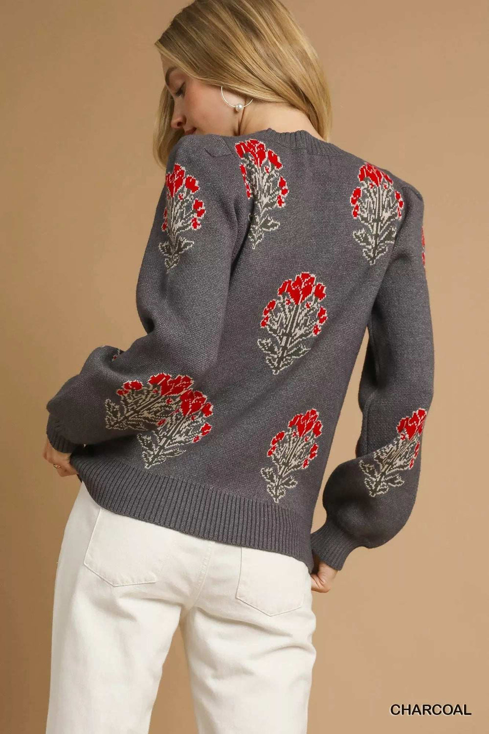 Umgee Single Flower Stem Jacquard Sweater - Trendsi - Flyclothing LLC