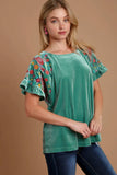 Umgee Velvet Embroidery Short Sleeve Blouse - Trendsi - Flyclothing LLC