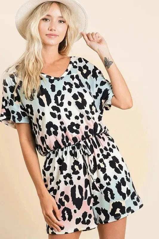 BiBi Gradation Leopard Soft Knit V-neck Romper - Trendsi - Flyclothing LLC