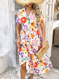 Devine Printed Johnny Collar Button Down Short Sleeve Midi Shirt Dress - Trendsi - Flyclothing LLC