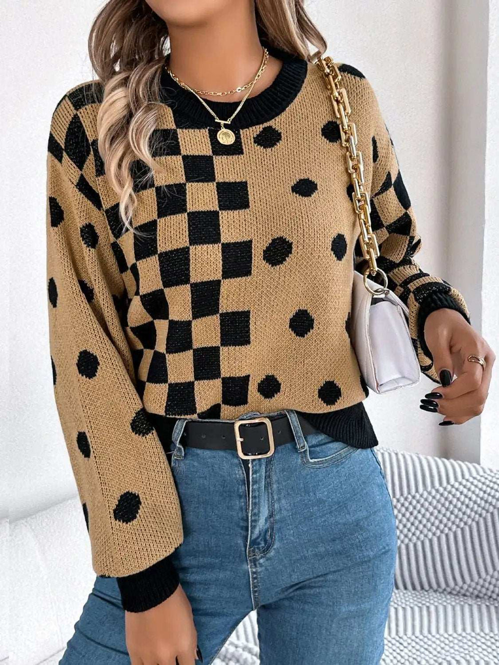 Plaid Round Neck Long Sleeve Sweater - Trendsi - Flyclothing LLC