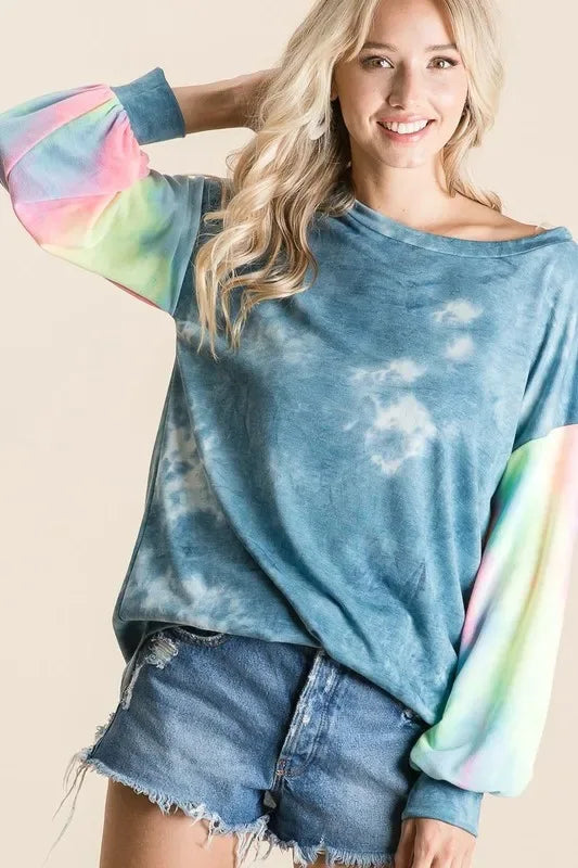 BiBi Tie Dye French Terry Top With Contrast Tie Dye - Trendsi - Flyclothing LLC