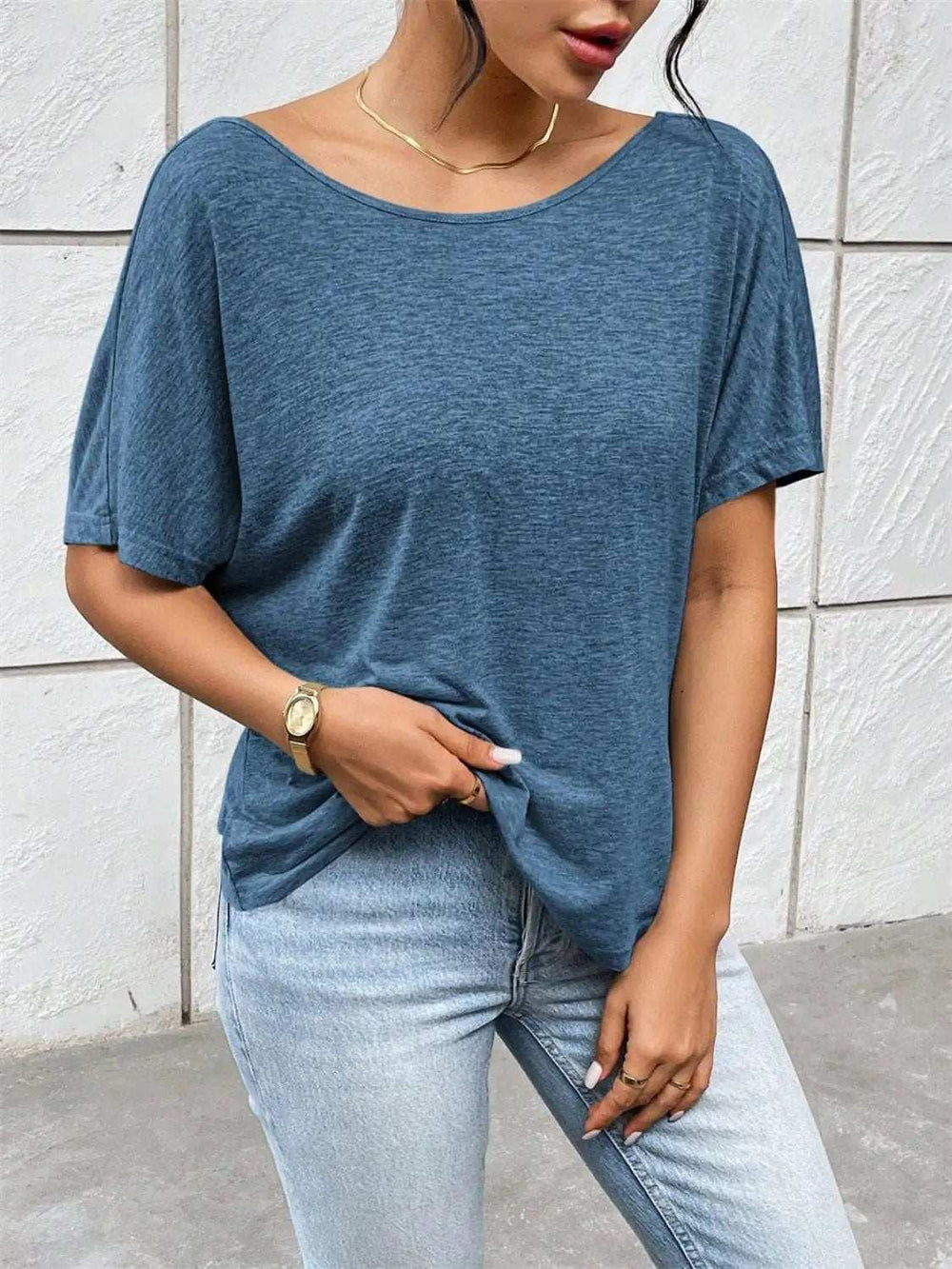 Backless Twisted Round Neck Half Sleeve T-Shirt - Trendsi - Flyclothing LLC