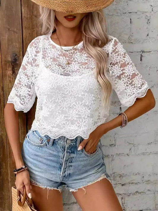 Flower Texture Round Neck Short Sleeve Top - Trendsi - Flyclothing LLC