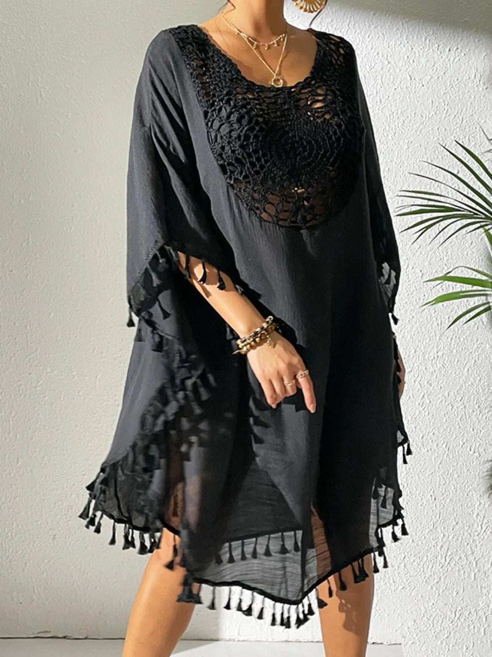 Tassel Cutout Scoop Neck Cover-Up Dress - Trendsi - Flyclothing LLC