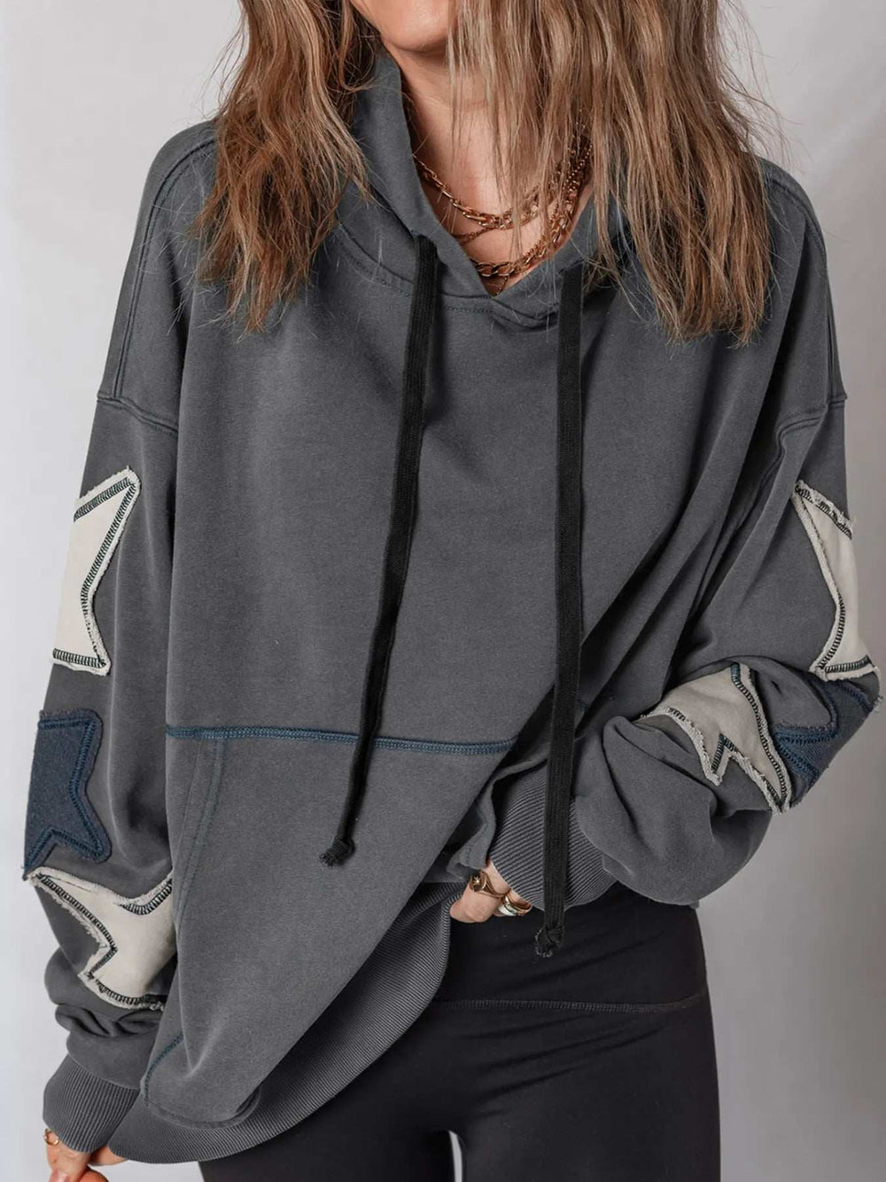 Star Patchwork Contrast Stitching Mineral Wash Kangaroo Pocket Hoodie - Trendsi - Flyclothing LLC