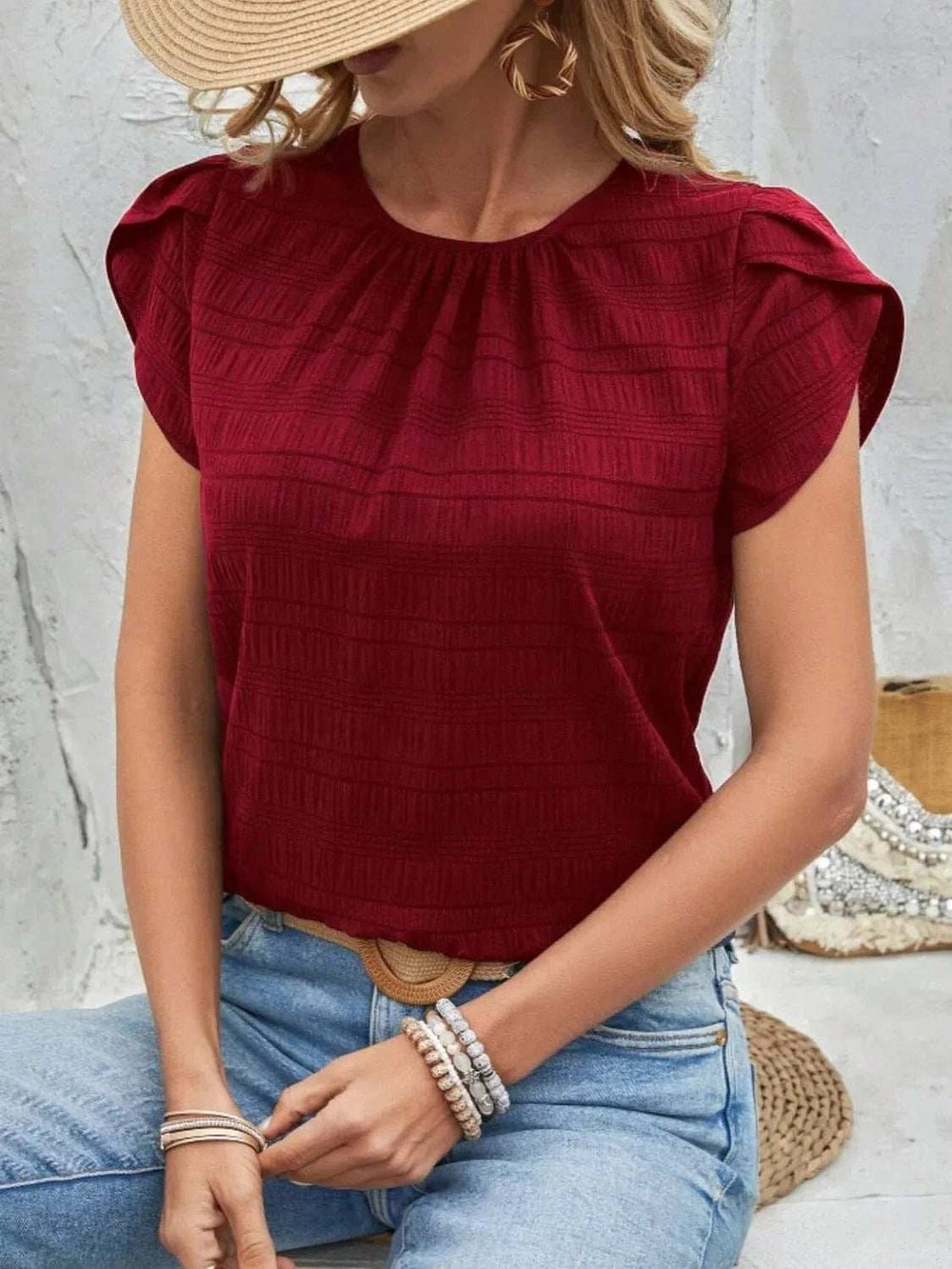 Round Neck Petal Sleeve Top - Trendsi - Flyclothing LLC