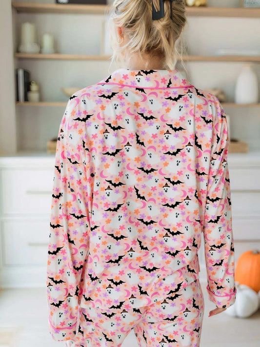 Halloween Ghost Print Button Up Top and Pants Lounge Set - Trendsi - Flyclothing LLC