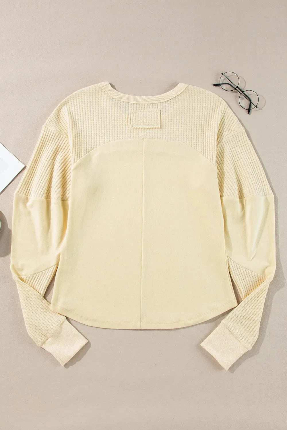 Waffle-Knit Round Neck Long Sleeve Top - Trendsi - Flyclothing LLC