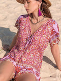 Printed V-Neck Short Sleeve Romper - Trendsi - Flyclothing LLC